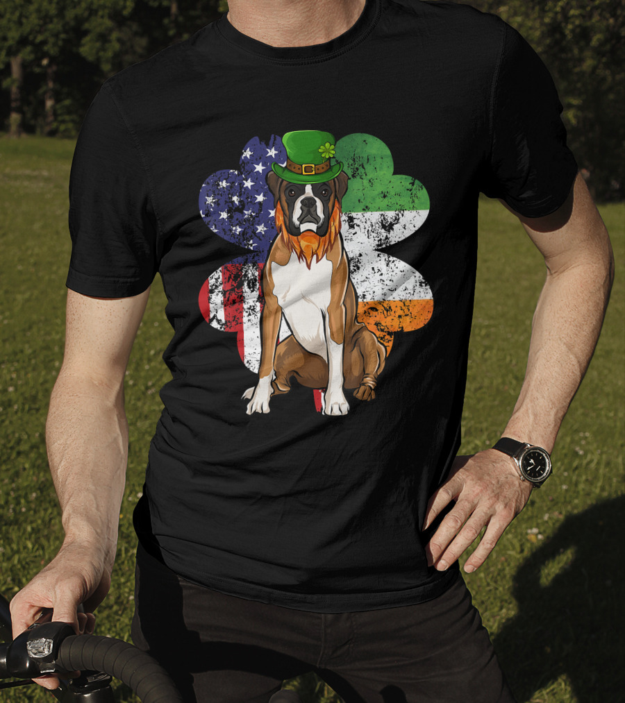 St Patricks Day Boxer Dog With Irish American Flag Shamrock T-Shirt