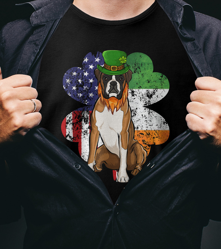 St Patricks Day Boxer Dog With Irish American Flag Shamrock T-Shirt