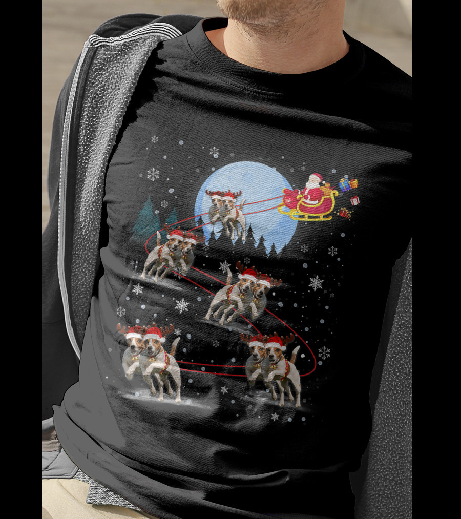 Jack Russell Reindeer Pulling Santa Sleigh Under Moonlit Snowfall T-Shirt