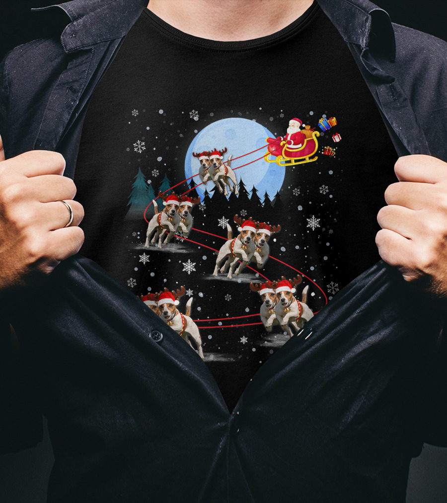 Jack Russell Reindeer Pulling Santa Sleigh Under Moonlit Snowfall T-Shirt