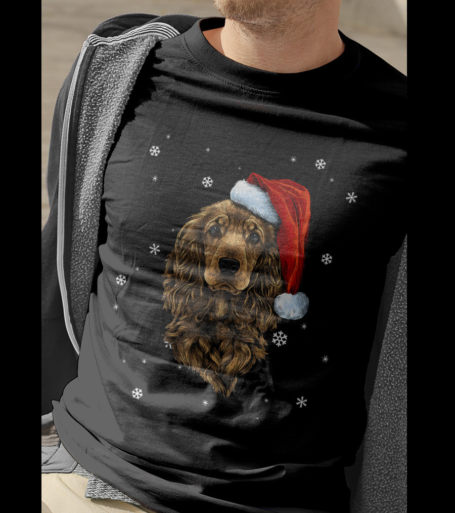Cocker Spaniel Christmas Dog With Santa Hat And Snowflakes T-Shirt