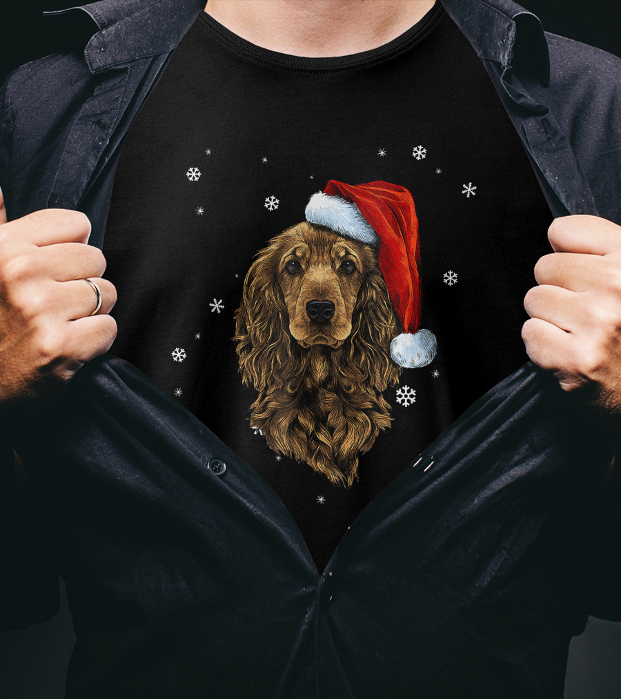 Cocker Spaniel Christmas Dog With Santa Hat And Snowflakes T-Shirt