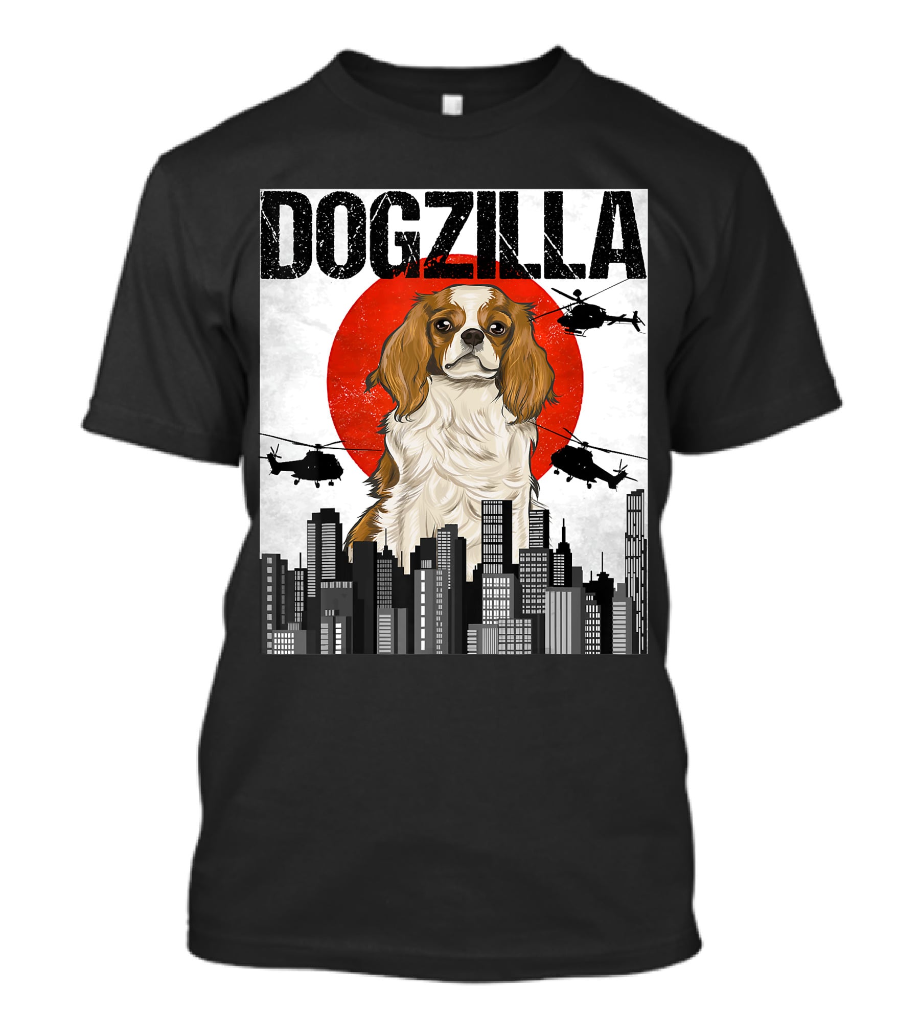Funny Japanese Dogzilla Cavalier King Charles Helicopter City Skyline T-Shirt
