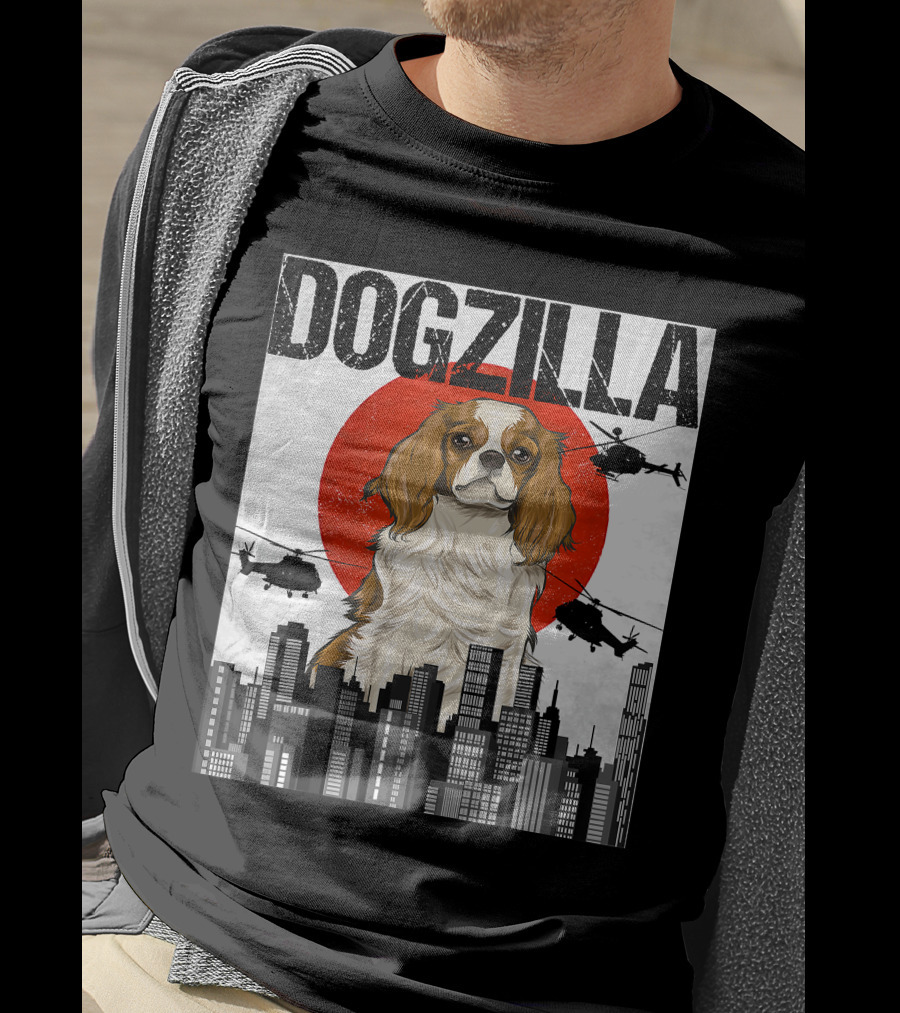 Funny Japanese Dogzilla Cavalier King Charles Helicopter City Skyline T-Shirt