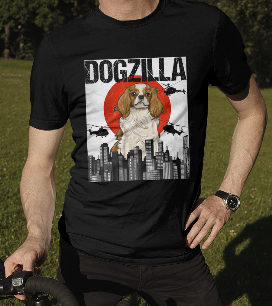 Funny Japanese Dogzilla Cavalier King Charles Helicopter City Skyline T-Shirt