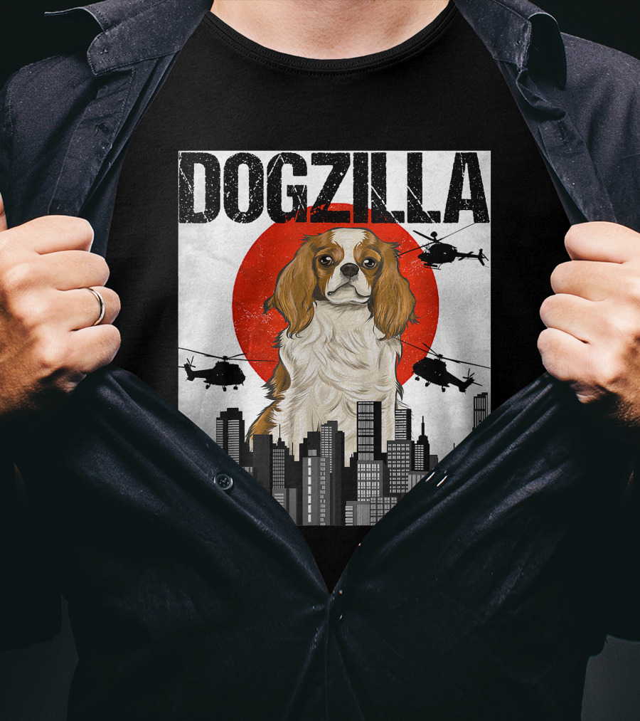 Funny Japanese Dogzilla Cavalier King Charles Helicopter City Skyline T-Shirt