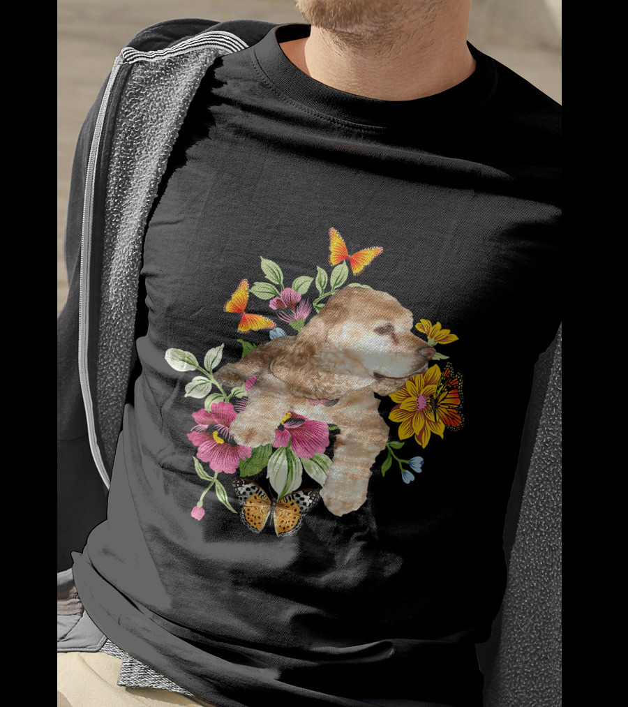 Cocker Spaniel Floral Background Butterflies Loyal Family T-Shirt
