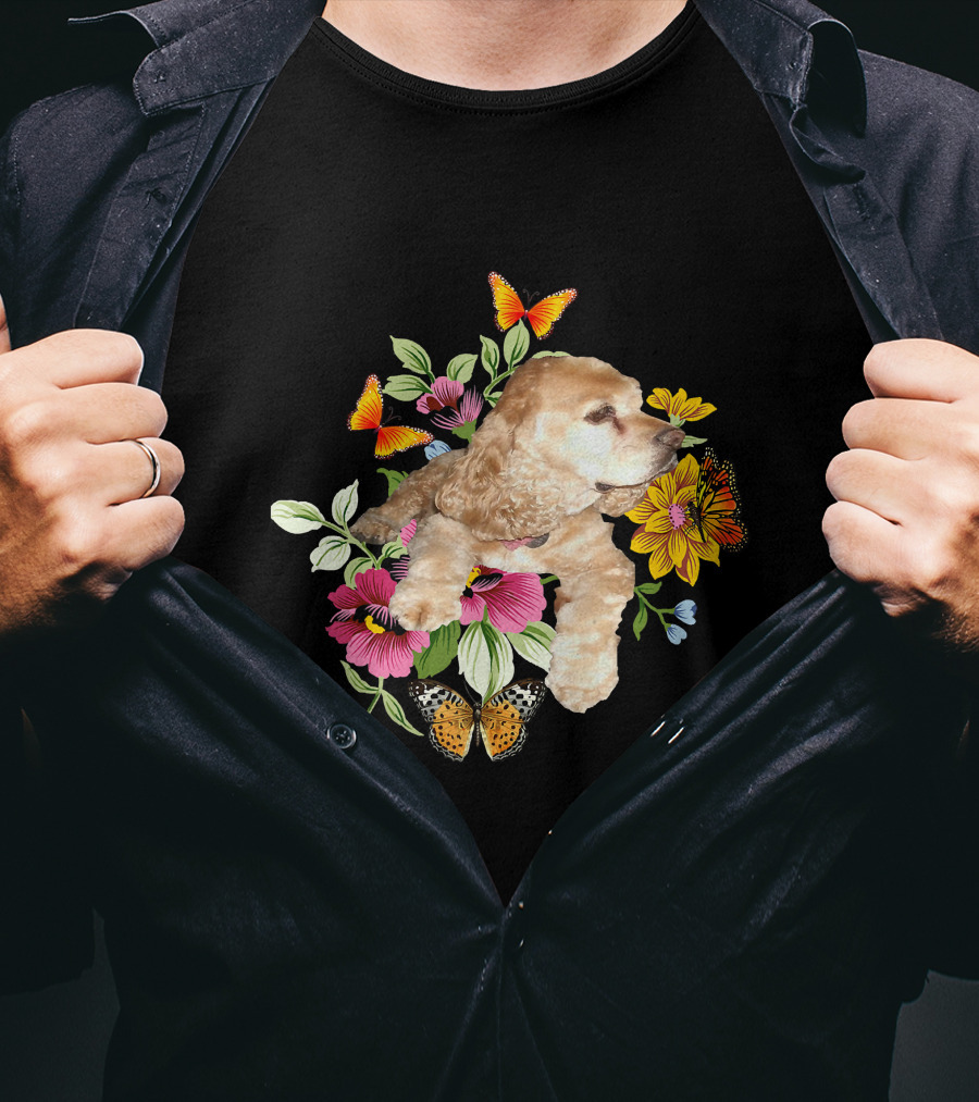 Cocker Spaniel Floral Background Butterflies Loyal Family T-Shirt