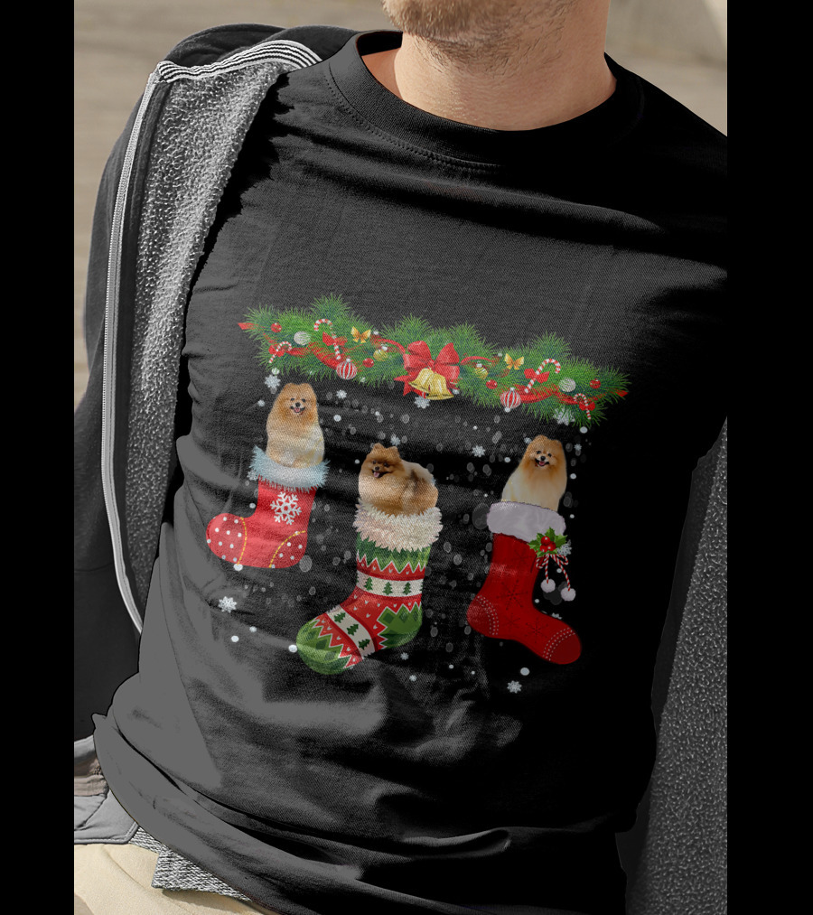 Three Pomeranian Dogs In Christmas Stockings Santa Holiday T-Shirt