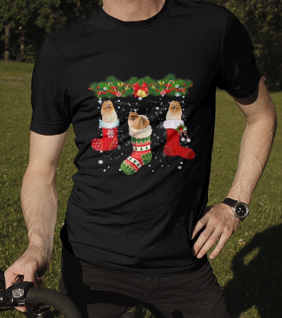 Three Pomeranian Dogs In Christmas Stockings Santa Holiday T-Shirt
