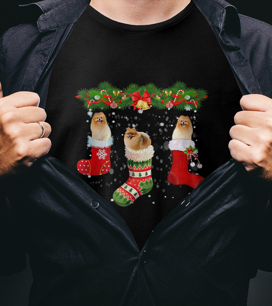 Three Pomeranian Dogs In Christmas Stockings Santa Holiday T-Shirt