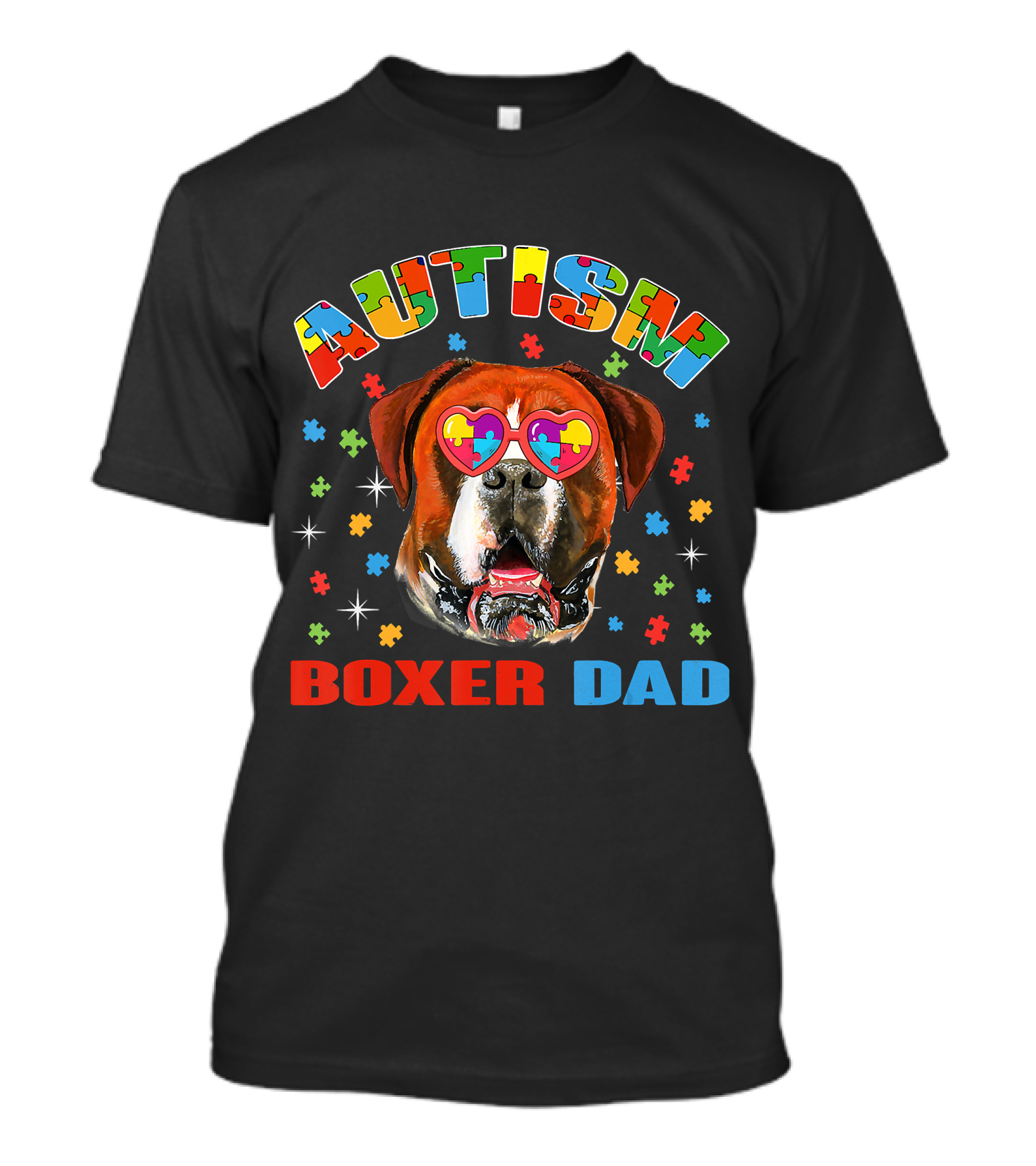 Autism Awareness Boxer Dog Dad With Heart Puzzle Glasses T-Shirt