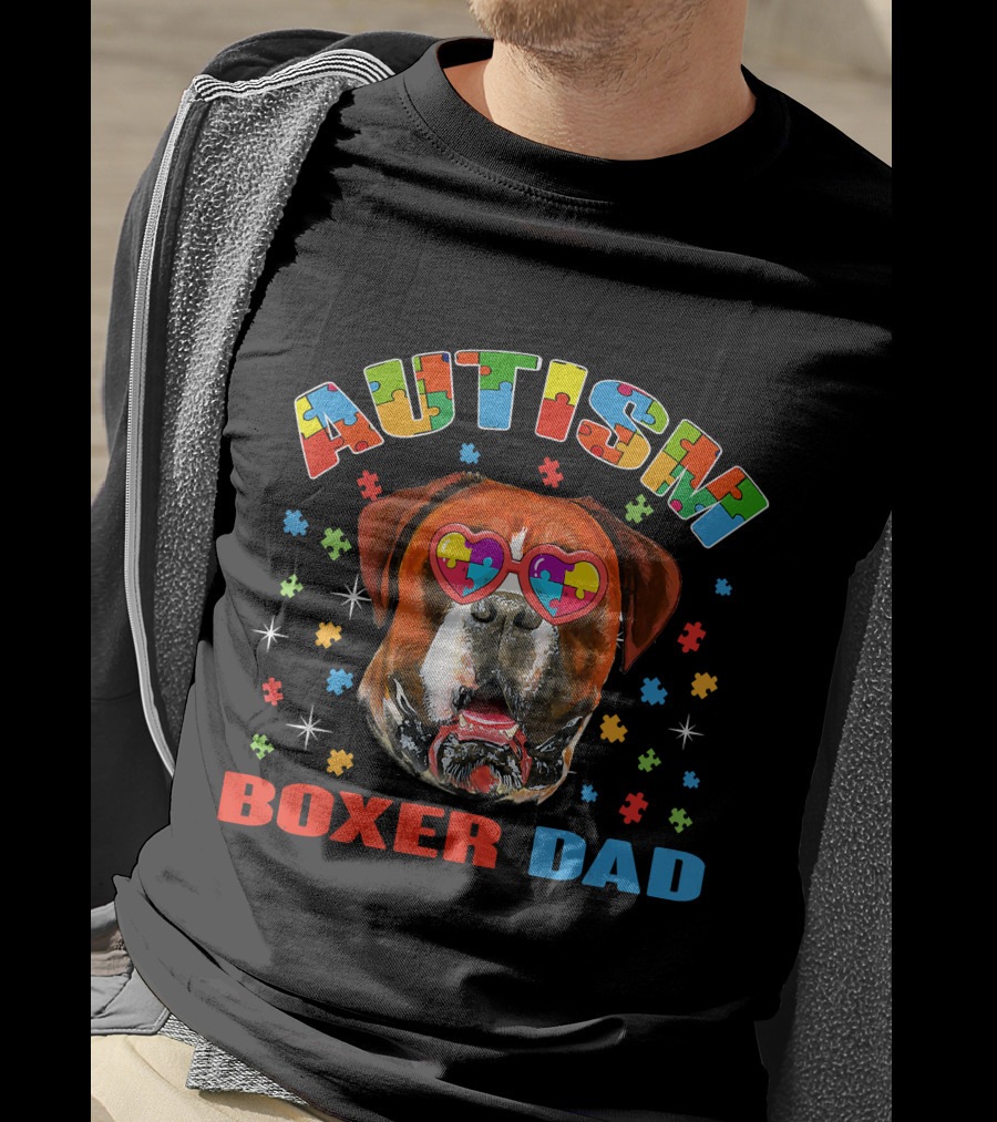 Autism Awareness Boxer Dog Dad With Heart Puzzle Glasses T-Shirt