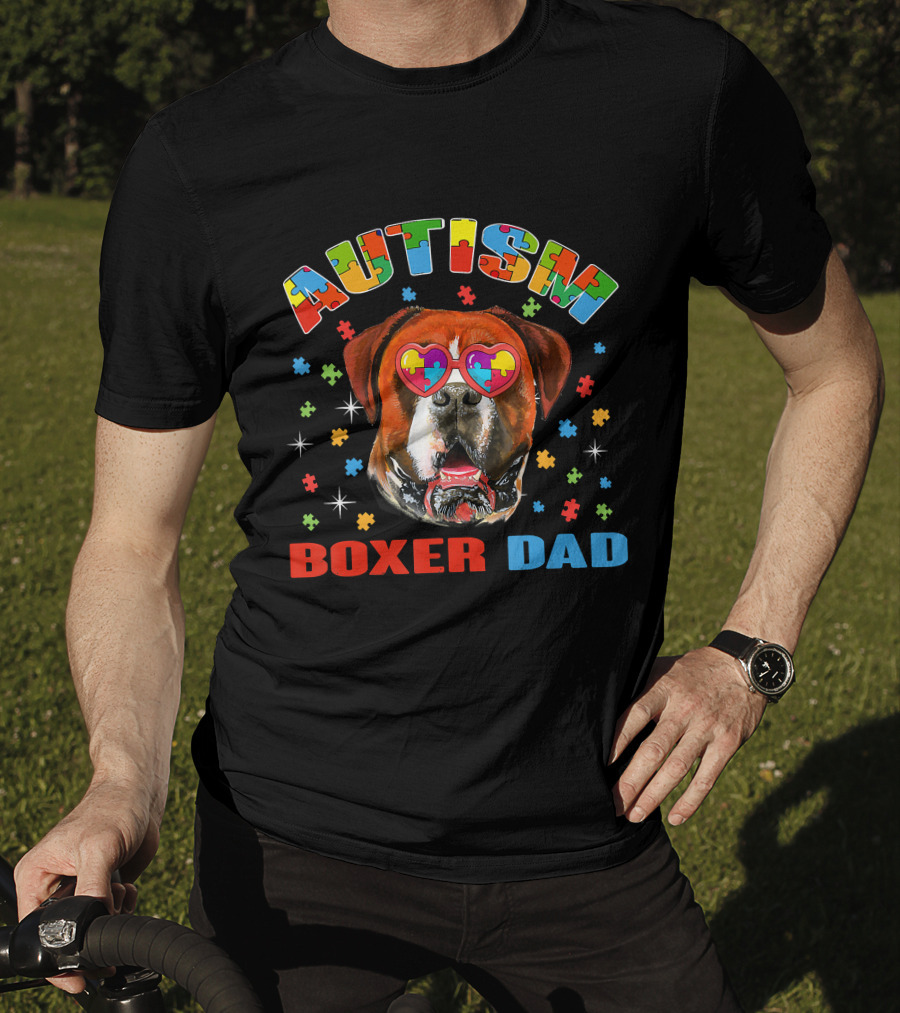 Autism Awareness Boxer Dog Dad With Heart Puzzle Glasses T-Shirt