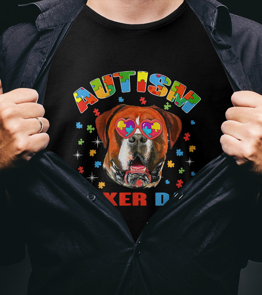 Autism Awareness Boxer Dog Dad With Heart Puzzle Glasses T-Shirt