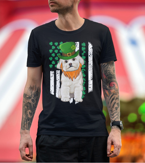 Premium T-Shirt: Maltese Dog with Leprechaun Hat and Shamrocks on Irish American Flag for St Patrick's Day T-Shirt Maltese Dog with Leprechaun Hat and Shamrocks on Irish American Flag for St Patrick's Day T-Shirt