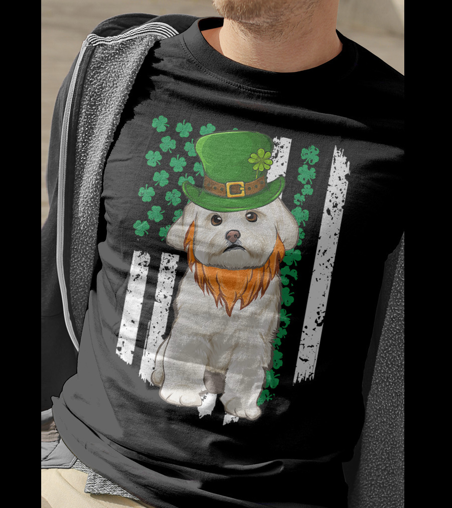 Maltese Dog With Leprechaun Hat And Shamrocks On Irish American Flag For St Patrick's Day T-Shirt