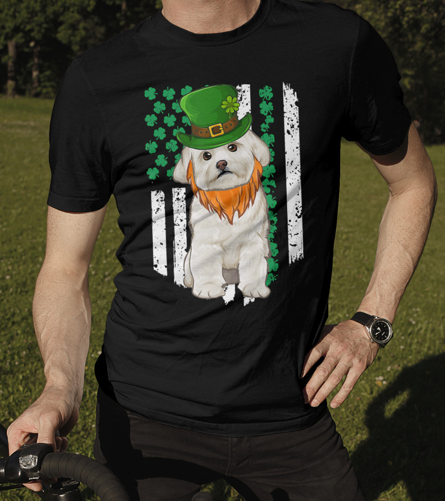 Maltese Dog With Leprechaun Hat And Shamrocks On Irish American Flag For St Patrick's Day T-Shirt