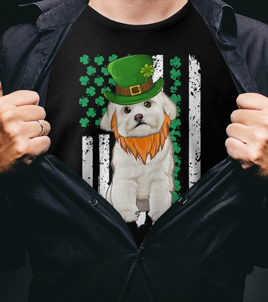 Maltese Dog With Leprechaun Hat And Shamrocks On Irish American Flag For St Patrick's Day T-Shirt