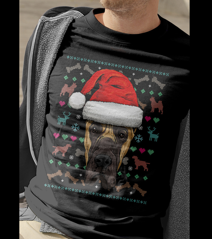 Great Dane Santa Hat Ugly Christmas Dog Reindeer Snowflake Hearts T-Shirt