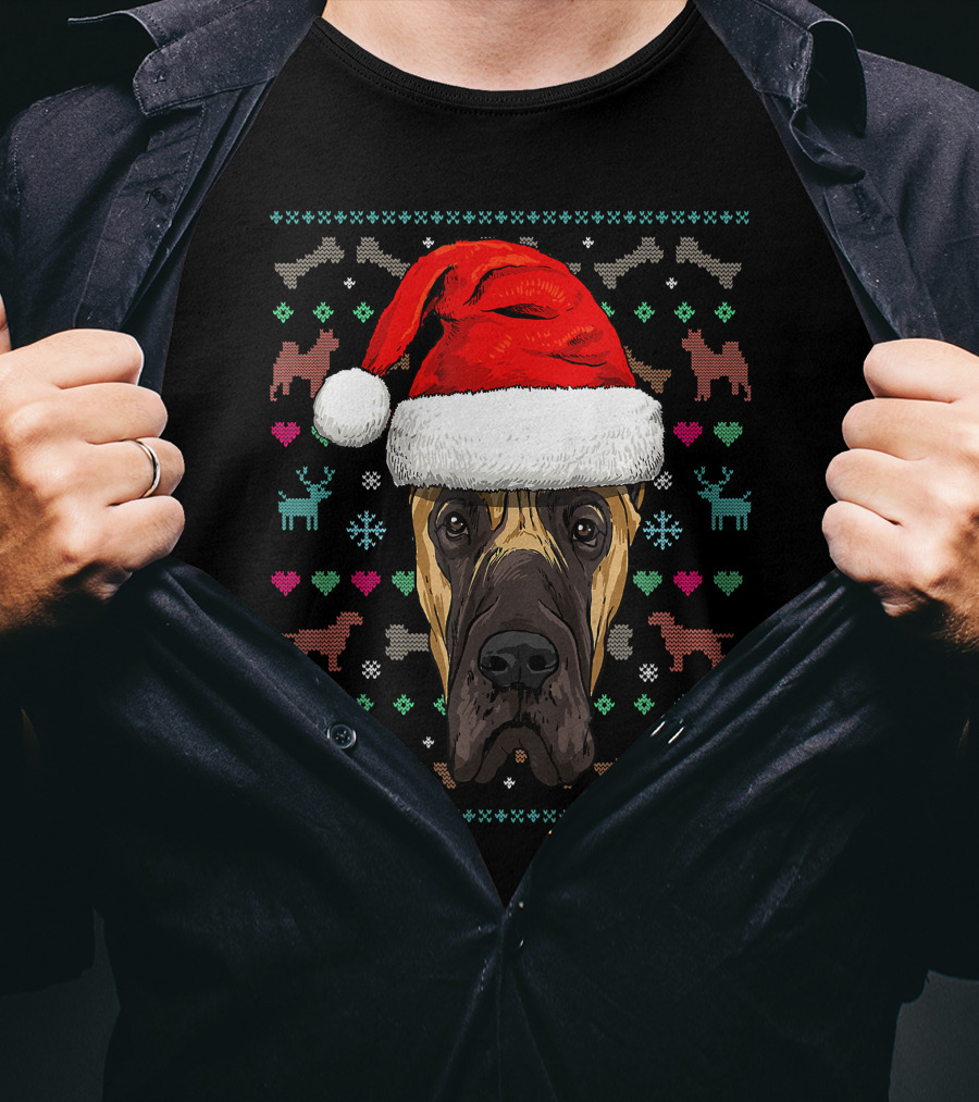 Great Dane Santa Hat Ugly Christmas Dog Reindeer Snowflake Hearts T-Shirt