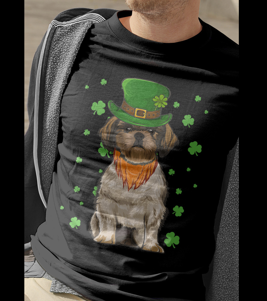 St Patricks Day Shih Tzu Dog With Green Hat And Shamrocks T-Shirt