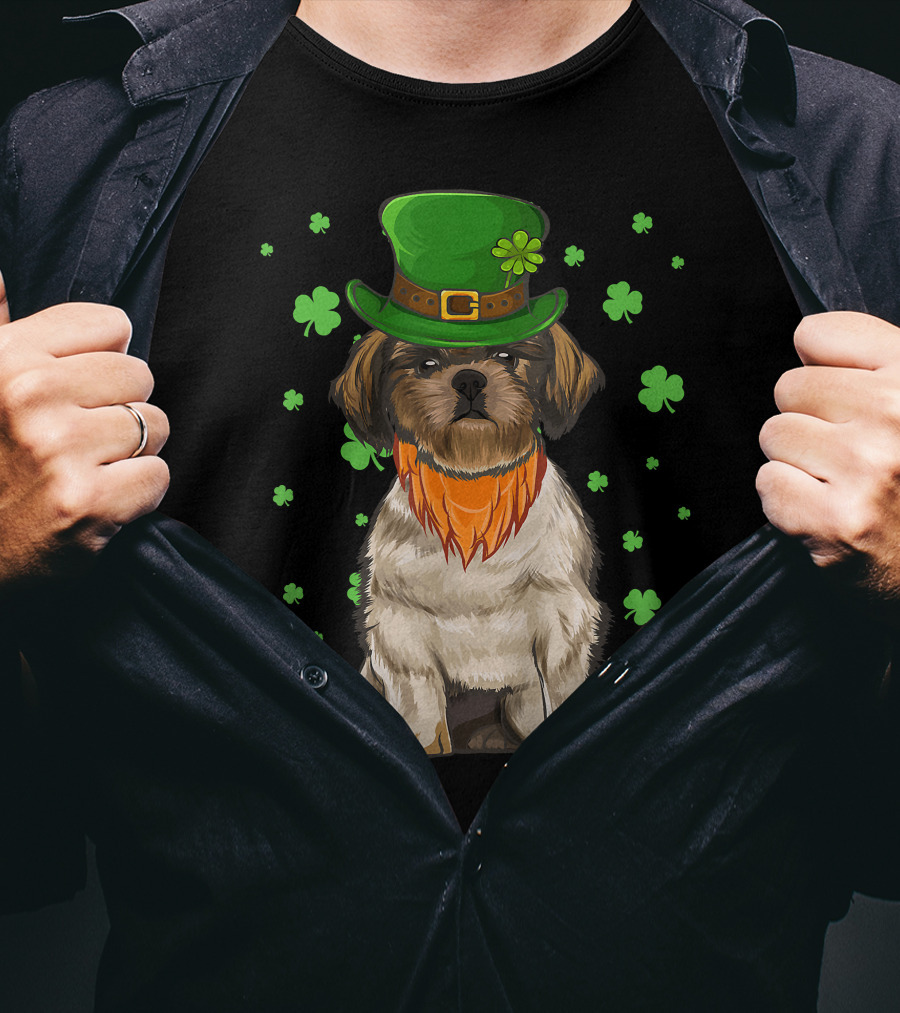 St Patricks Day Shih Tzu Dog With Green Hat And Shamrocks T-Shirt