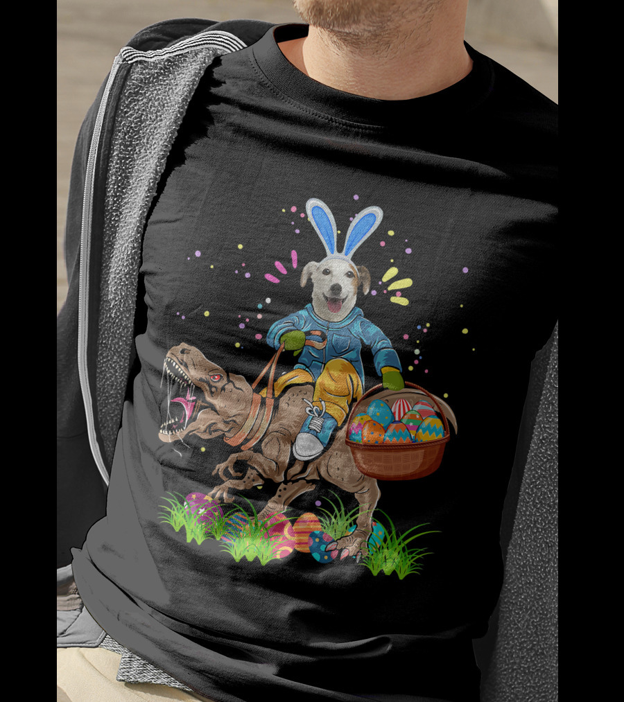 Bunny Jack Russell Dog Riding T-Rex Dinosaur With Colorful Easter Eggs T-Shirt