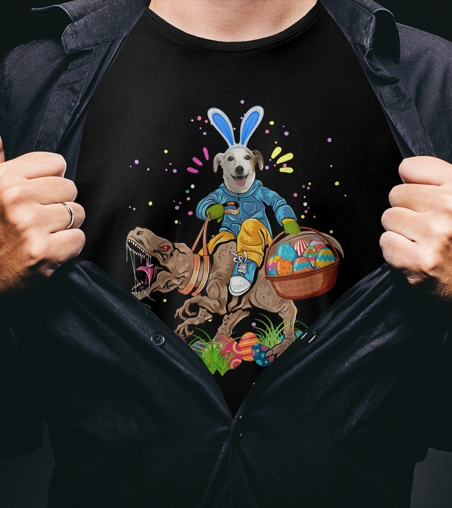 Bunny Jack Russell Dog Riding T-Rex Dinosaur With Colorful Easter Eggs T-Shirt
