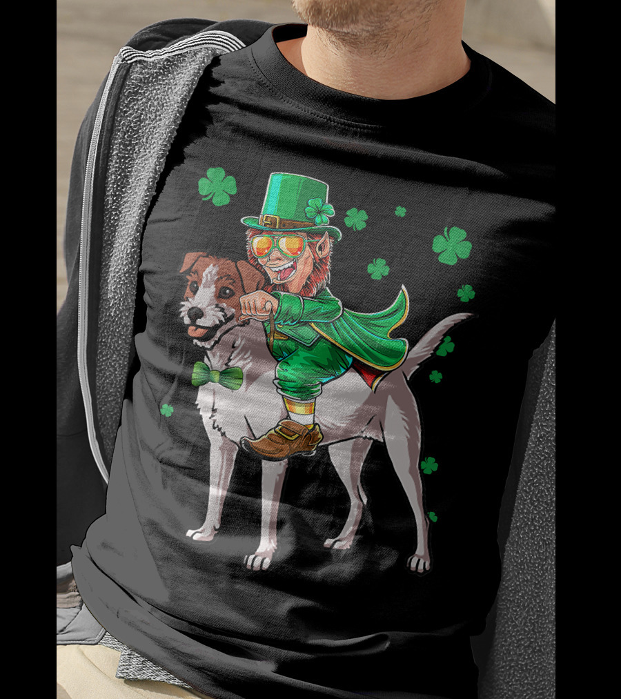 Leprechaun Jack Russell Terrier Riding Shamrock Luck T-Shirt