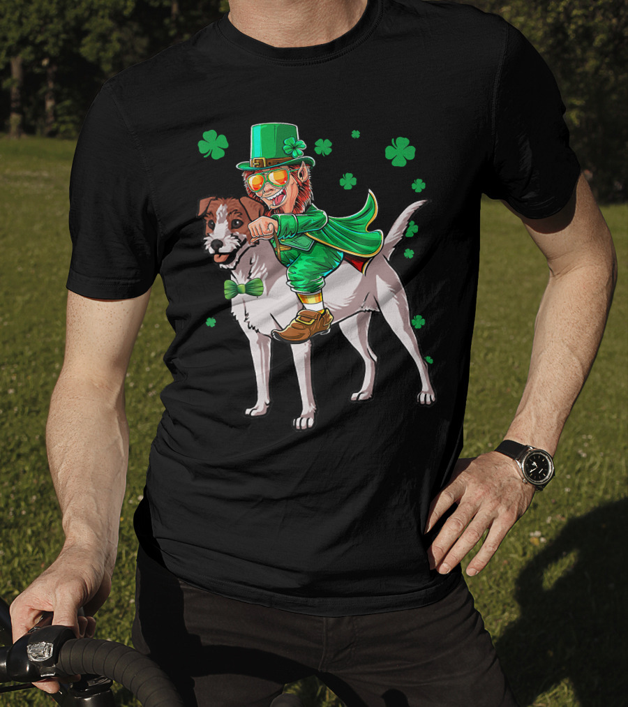 Leprechaun Jack Russell Terrier Riding Shamrock Luck T-Shirt