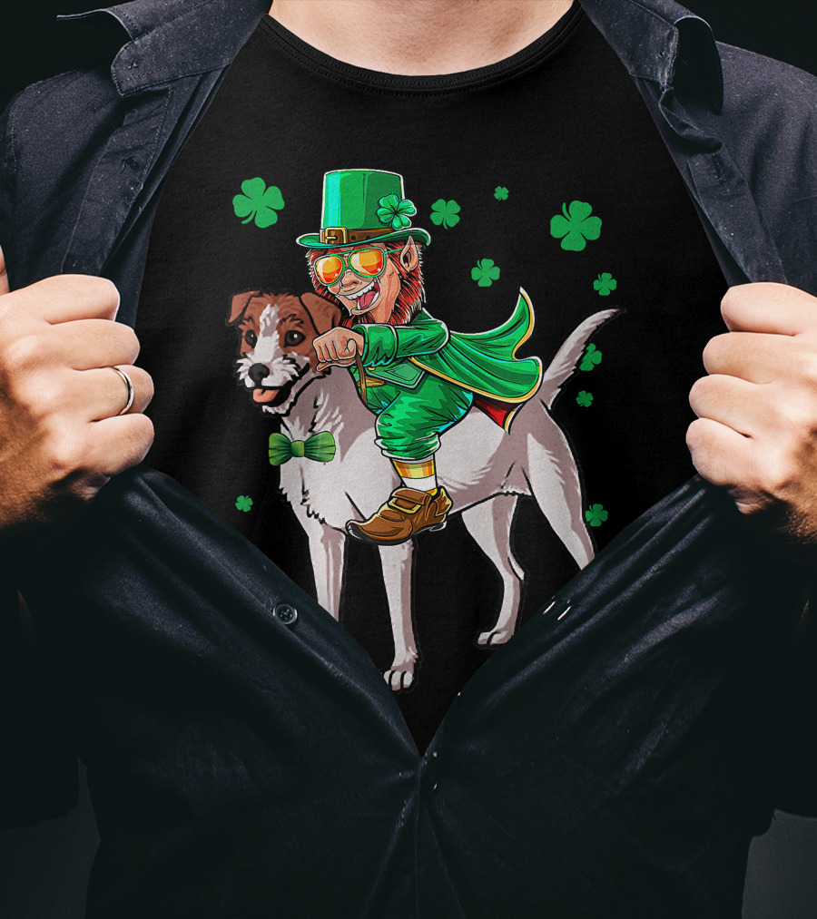 Leprechaun Jack Russell Terrier Riding Shamrock Luck T-Shirt