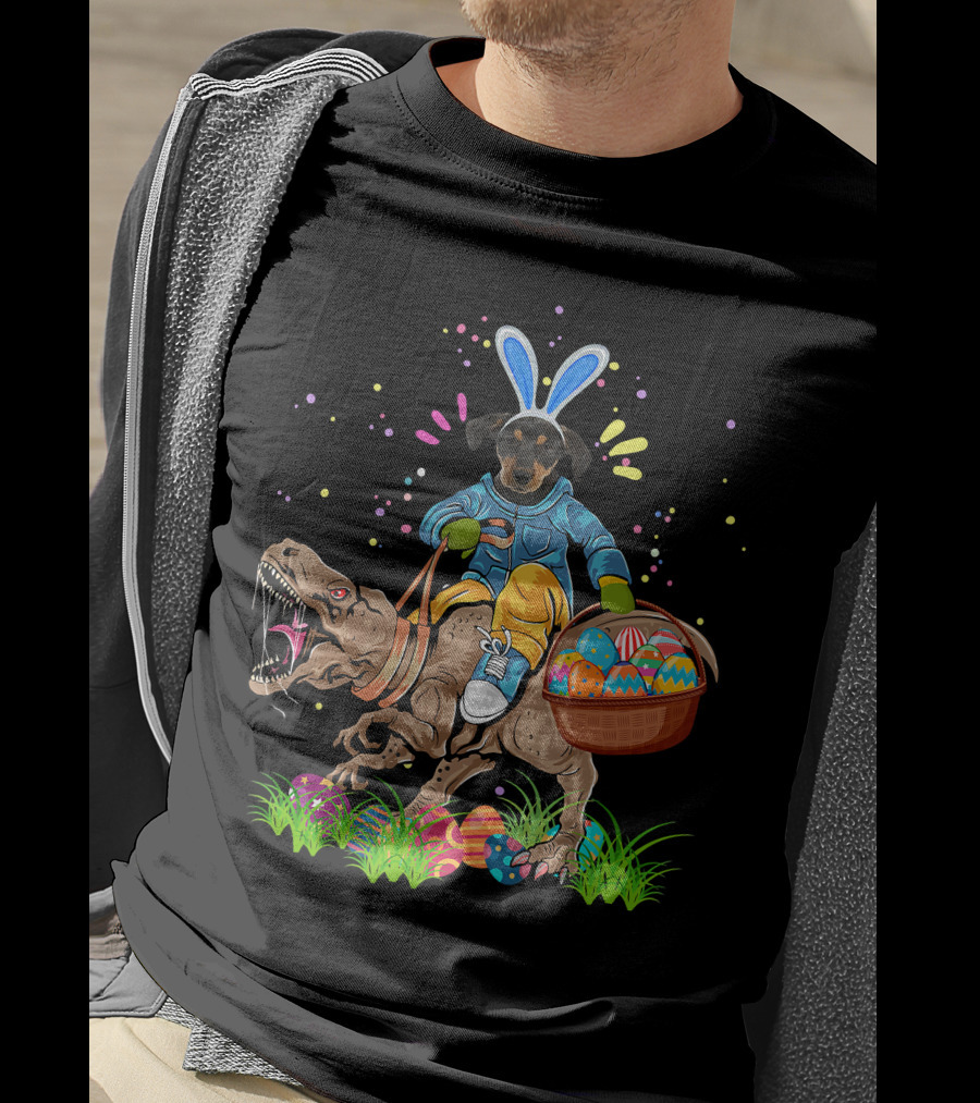 Bunny Rottweiler Dog Riding Rex Dinosaur With Easter Basket T-Shirt