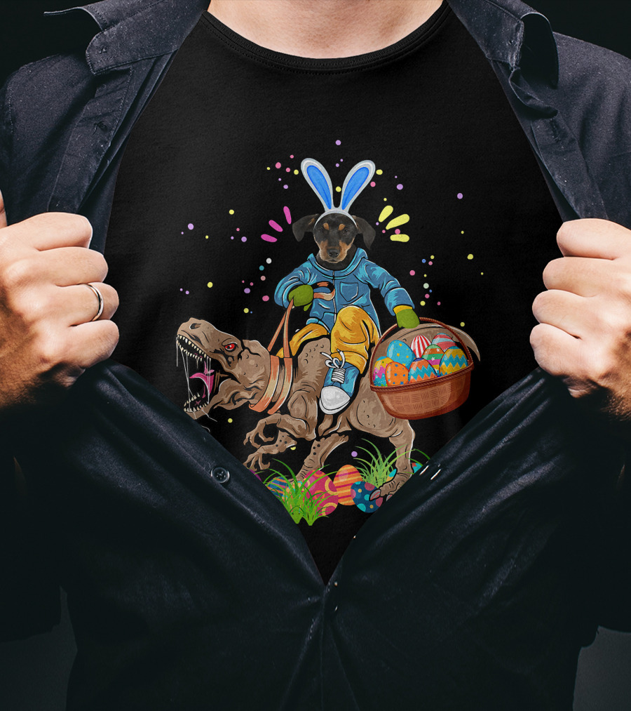 Bunny Rottweiler Dog Riding Rex Dinosaur With Easter Basket T-Shirt