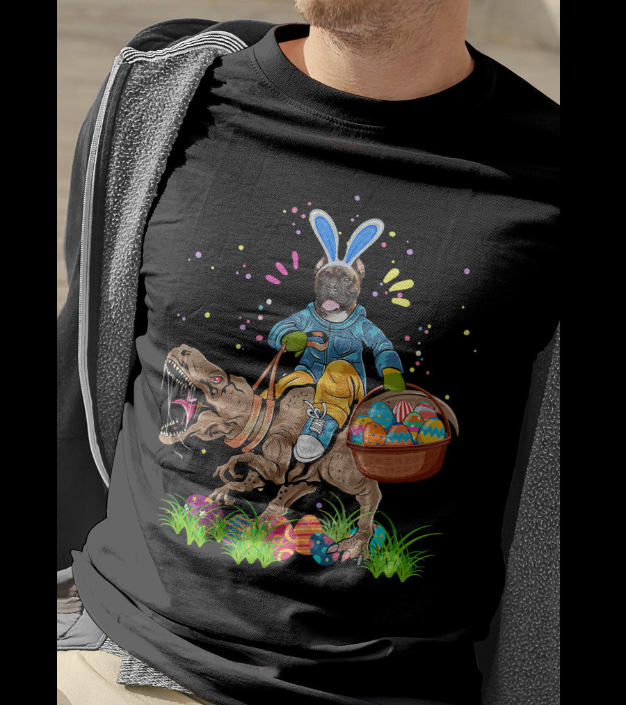 Bunny Boxer Dog Riding Rex Dinosaur With Easter Eggs Basket T-Shirt