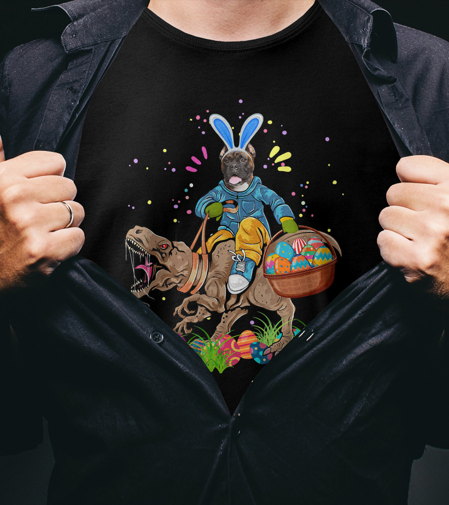 Bunny Boxer Dog Riding Rex Dinosaur With Easter Eggs Basket T-Shirt