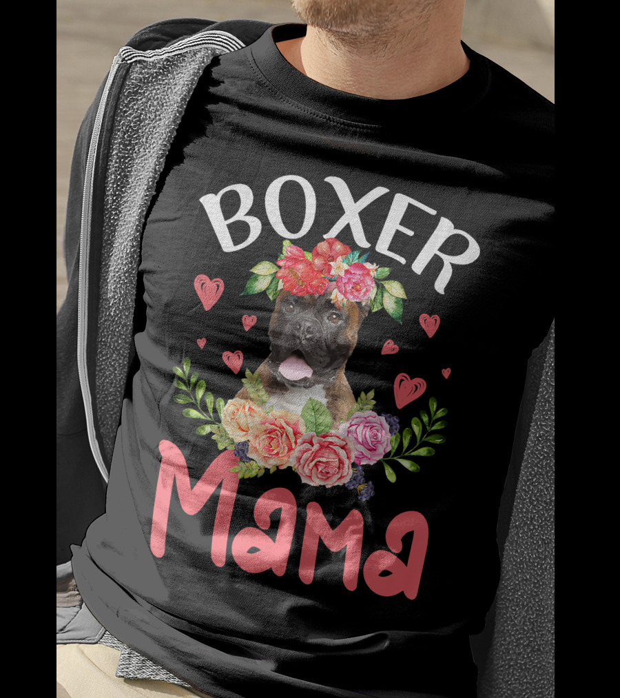 Boxer Mama Floral Dog Heart Blossoms T-Shirt