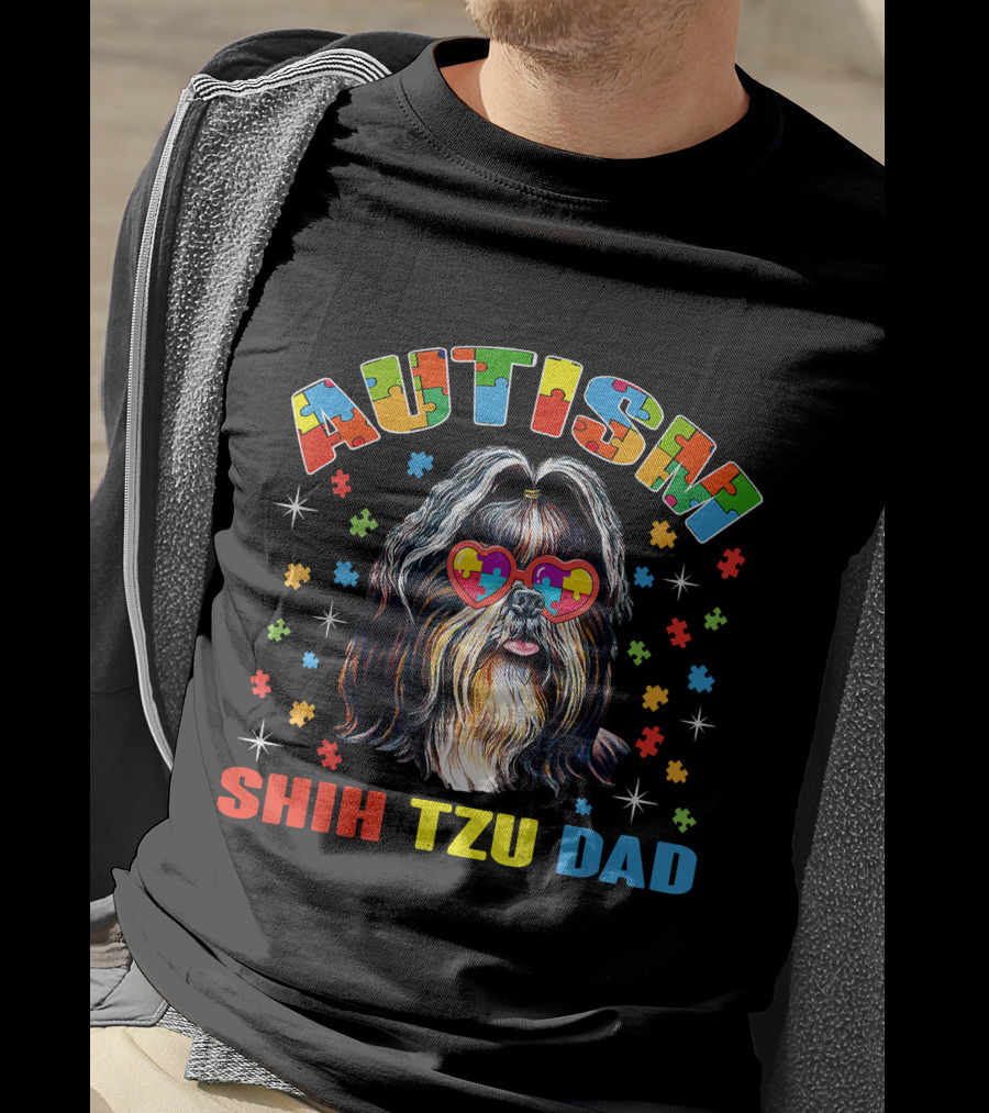 Autism Awareness Cute Shih Tzu Dog Dad With Puzzle Heart Glasses T-Shirt