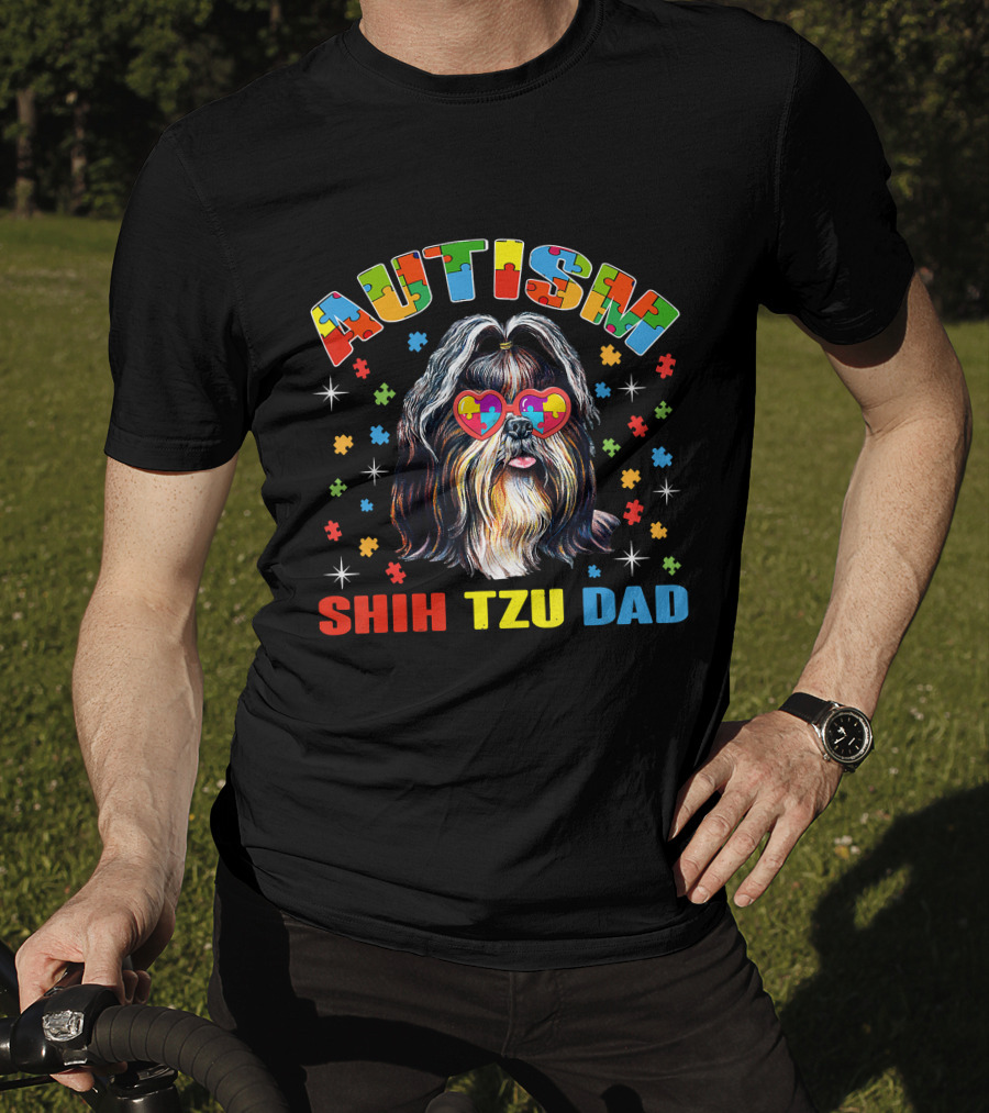 Autism Awareness Cute Shih Tzu Dog Dad With Puzzle Heart Glasses T-Shirt