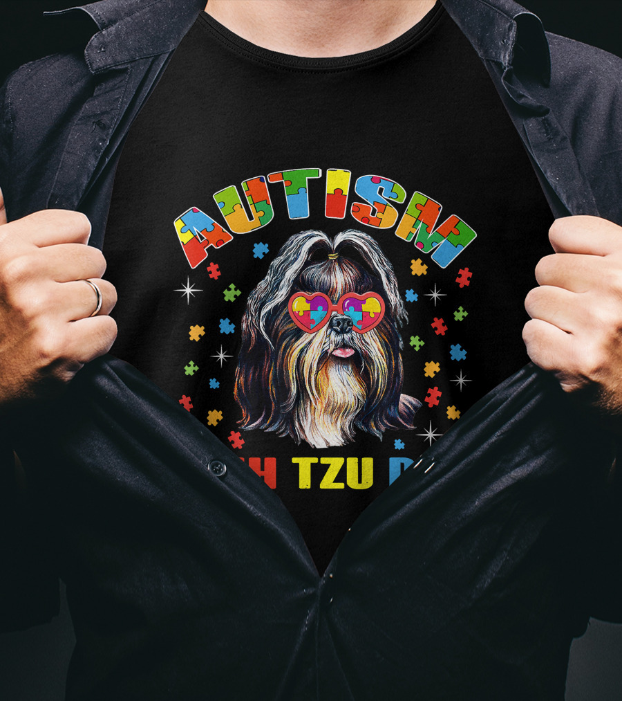 Autism Awareness Cute Shih Tzu Dog Dad With Puzzle Heart Glasses T-Shirt