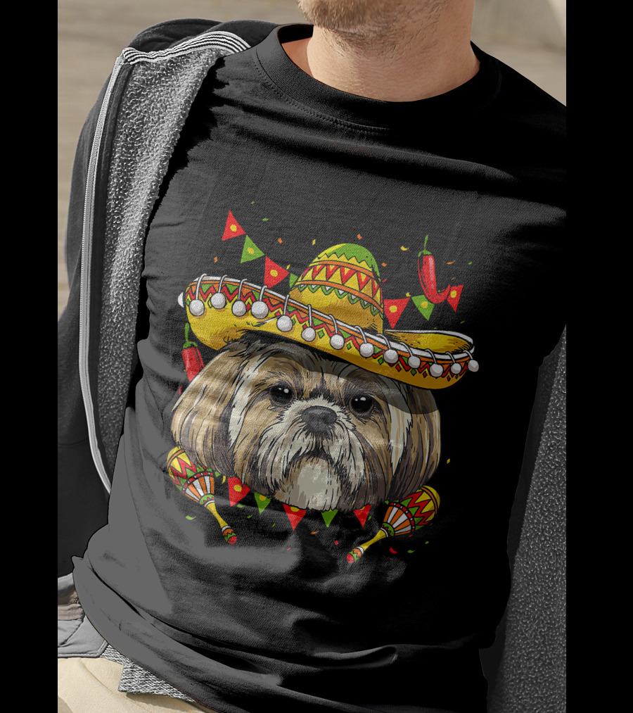 Cinco De Mayo Shih Tzu Sombrero Maracas Chili Peppers Fiesta T-Shirt