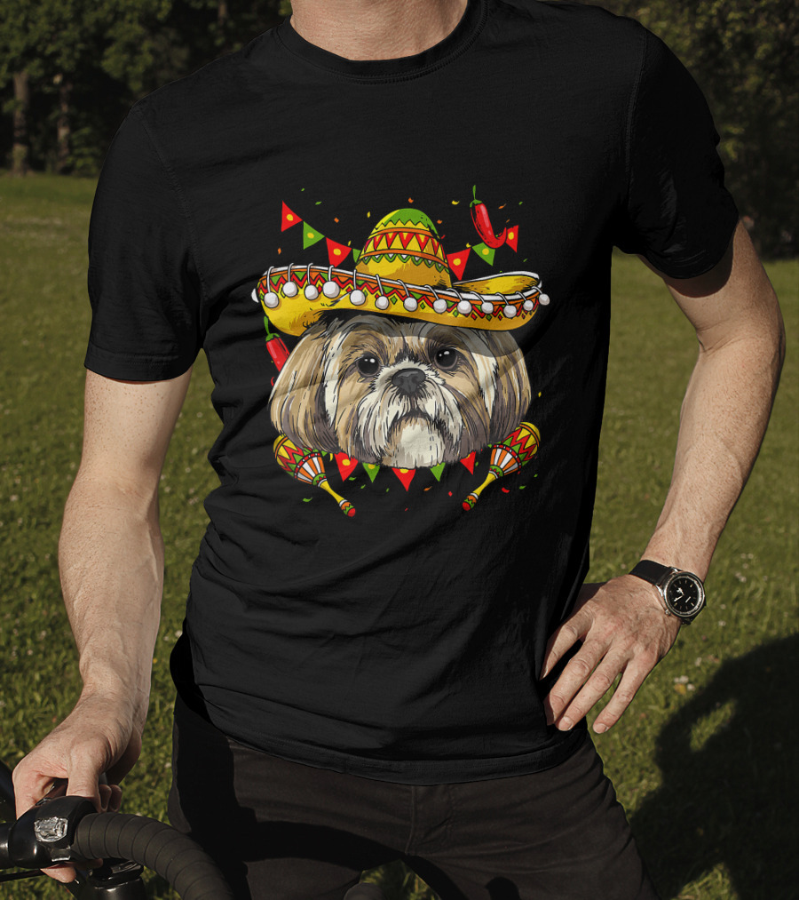 Cinco De Mayo Shih Tzu Sombrero Maracas Chili Peppers Fiesta T-Shirt