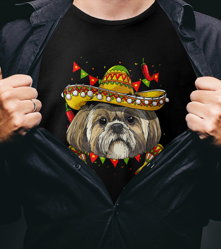 Cinco De Mayo Shih Tzu Sombrero Maracas Chili Peppers Fiesta T-Shirt