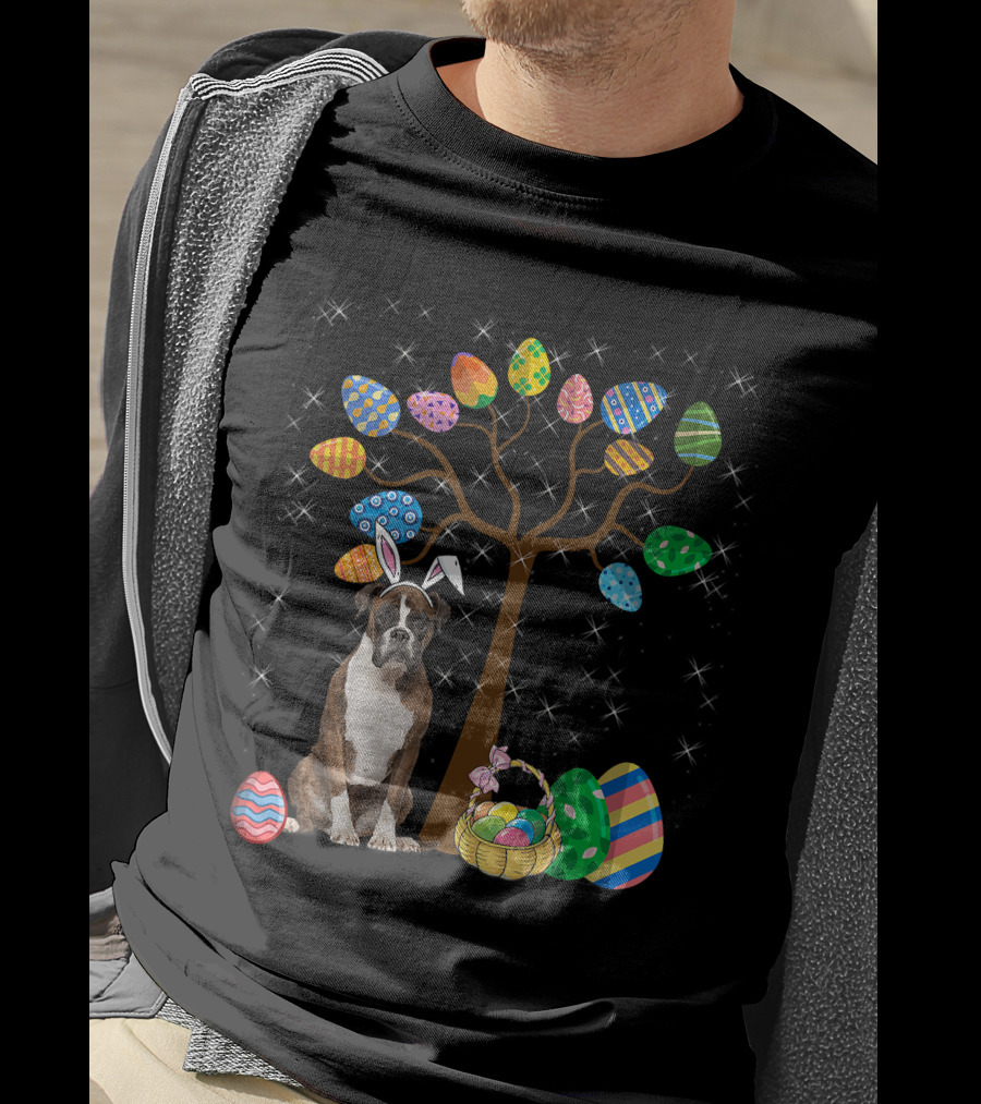Boxer Dog With Easter Egg Tree And Bunny Ears For Easter Day T-Shirt