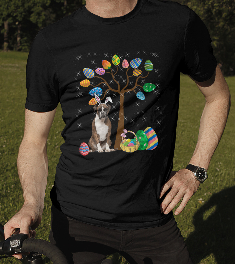 Boxer Dog With Easter Egg Tree And Bunny Ears For Easter Day T-Shirt
