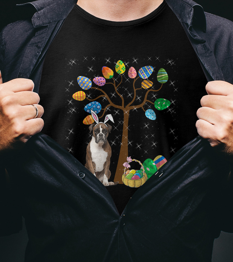 Boxer Dog With Easter Egg Tree And Bunny Ears For Easter Day T-Shirt