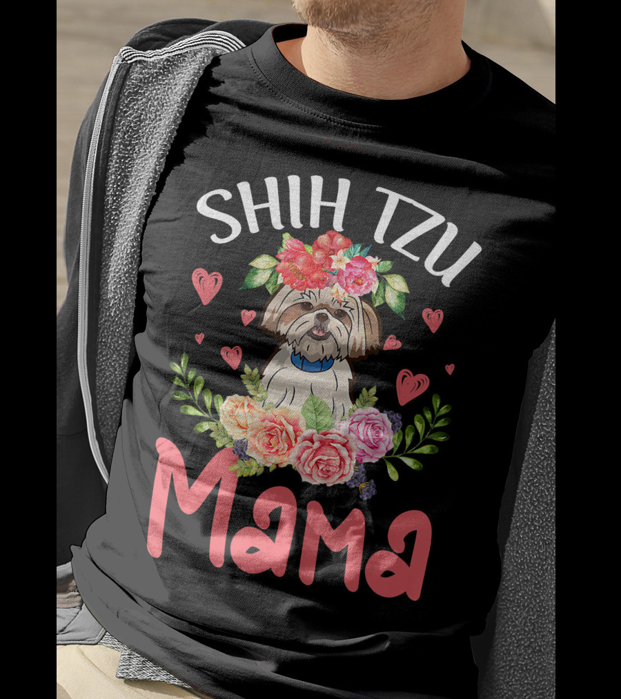 Shih Tzu Mama With Floral Heart Accents T-Shirt