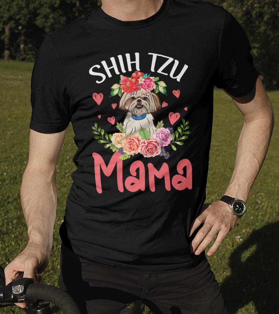 Shih Tzu Mama With Floral Heart Accents T-Shirt