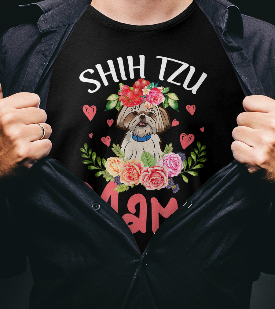 Shih Tzu Mama With Floral Heart Accents T-Shirt