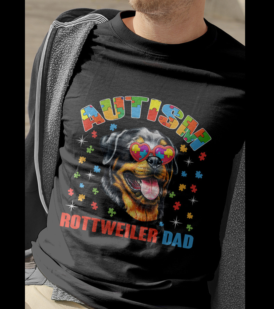 Autism Rottweiler Dad Colorful Puzzle Heart Sunglasses T-Shirt
